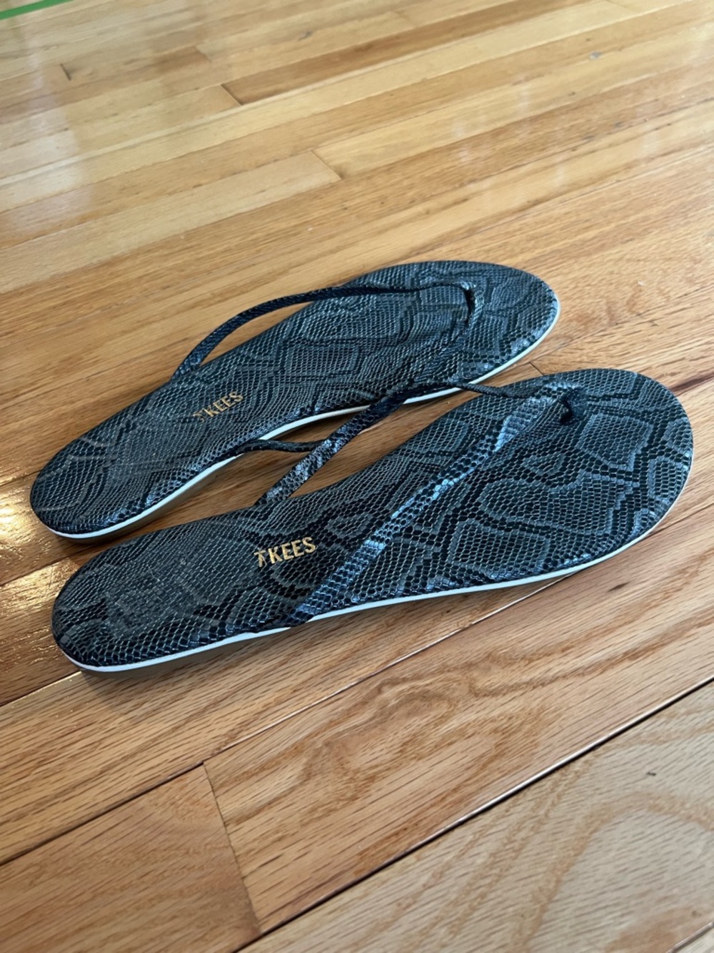 TKEES Black Snakeskin-Pattern Flip Flop Sandals